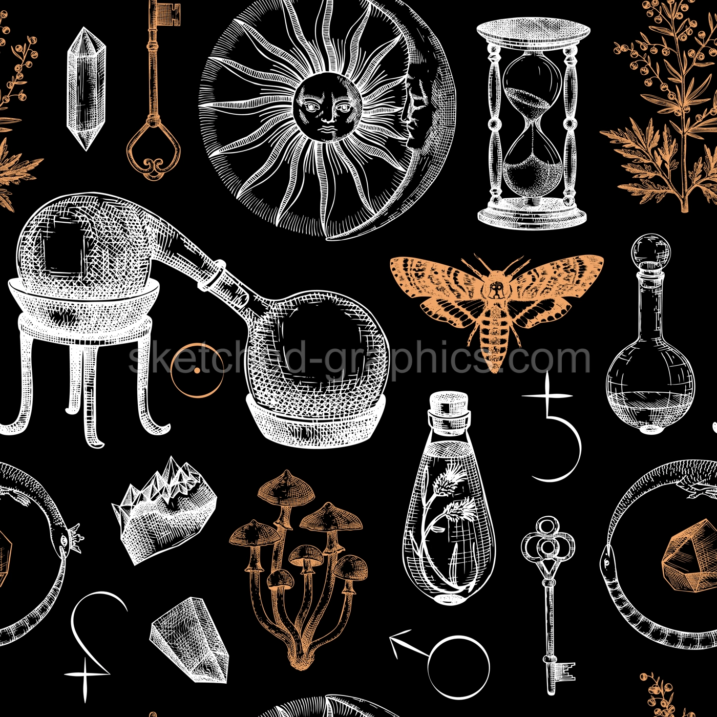 Vintage alchemical background. Popular esoteric symbols. Magic seamless pattern. Mystical design for tarot cards, banners, prints, tattoos, and fabrics.  Illustration